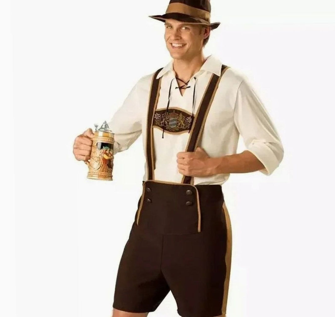 Herren Oktoberfest Kostüm Lederhosen-Look mit Lederhosenträgern Braun und Hut - Braun