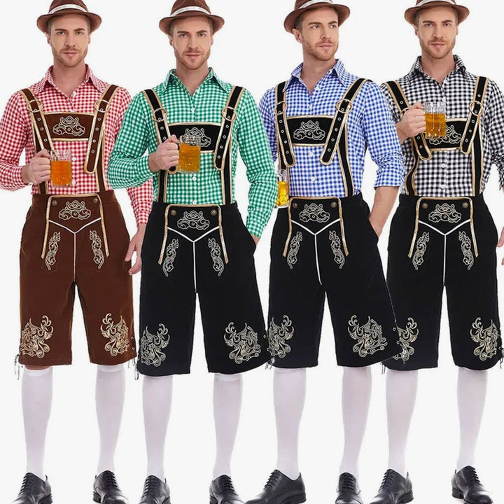 Herren Oktoberfest Trachten-Set Lederhose Kniebundhose Kariertes Langarmhemd