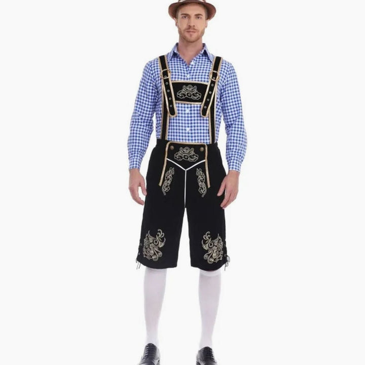 Herren Oktoberfest Trachten-Set Lederhose Kniebundhose Kariertes Langarmhemd - Schwarz Kariert (Blau/Weiß Hemd)