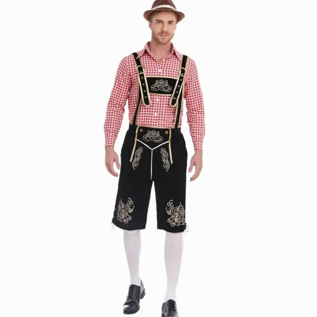 Herren Oktoberfest Trachten-Set Lederhose Kniebundhose Kariertes Langarmhemd - Schwarz Kariert (Rot/Weiß Hemd)