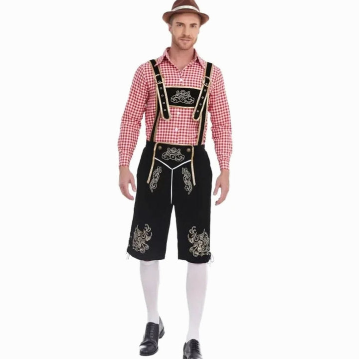 Herren Oktoberfest Trachten-Set Lederhose Kniebundhose Kariertes Langarmhemd - Schwarz Kariert (Rot/Weiß Hemd)