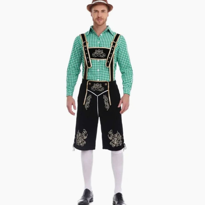Herren Oktoberfest Trachten-Set Lederhose Kniebundhose Kariertes Langarmhemd - Schwarz Kariert (Grün/Weiß Hemd)