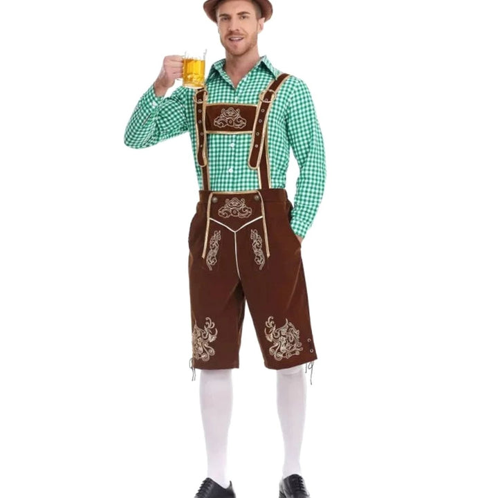 Herren Oktoberfest Trachten-Set Lederhose Kniebundhose Kariertes Langarmhemd - Braun Kariert (Grün/Weiß Hemd)