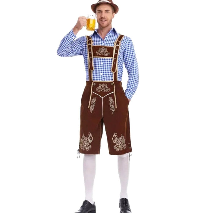 Herren Oktoberfest Trachten-Set Lederhose Kniebundhose Kariertes Langarmhemd - Braun Kariert (Blau/Weiß Hemd)