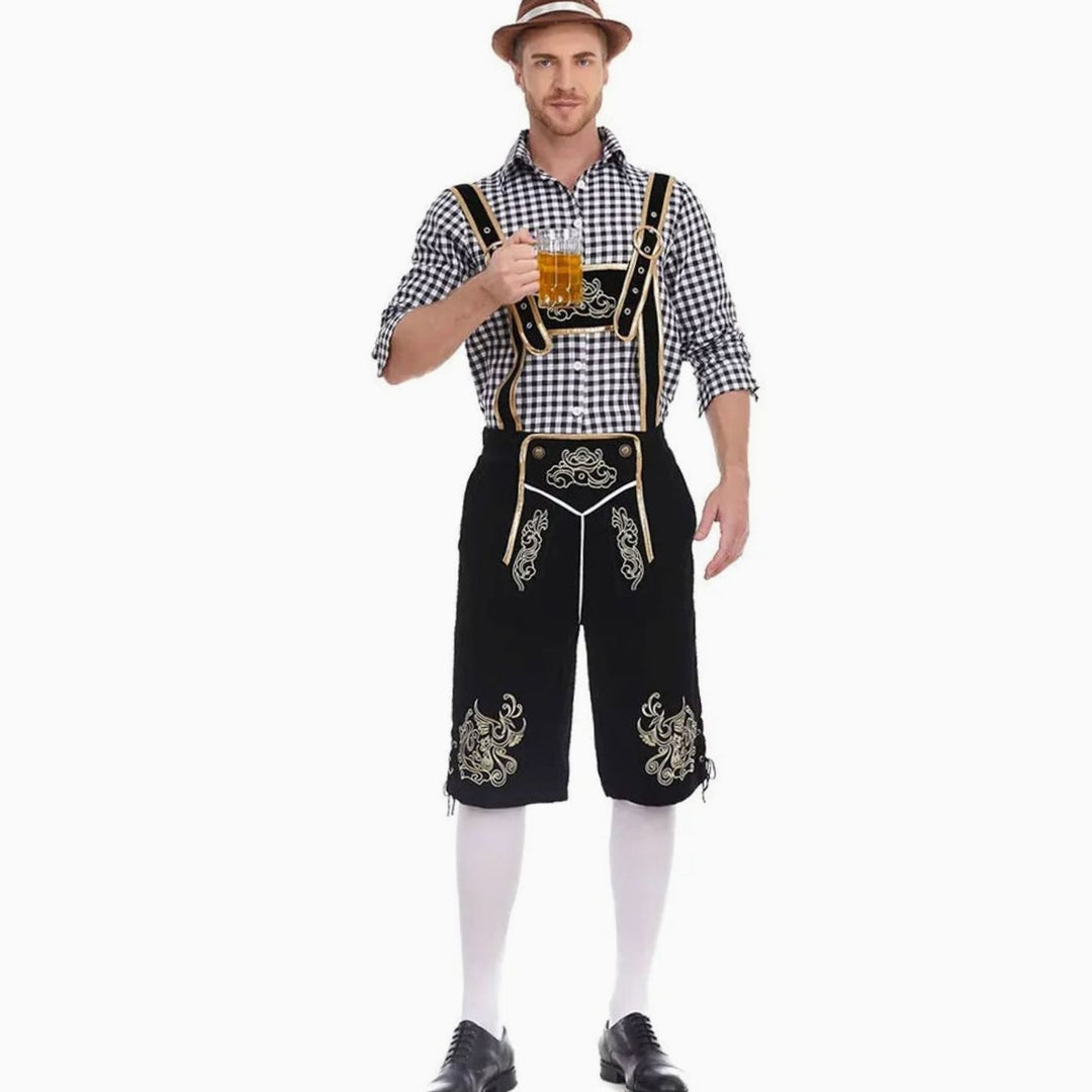 Herren Oktoberfest Trachten-Set Lederhose Kniebundhose Kariertes Langarmhemd