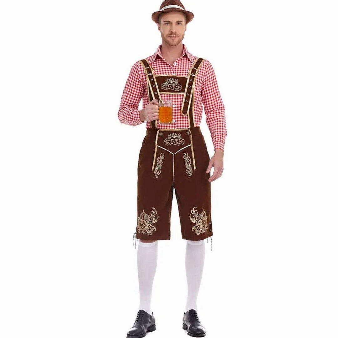 Herren Oktoberfest Trachten-Set Lederhose Kniebundhose Kariertes Langarmhemd
