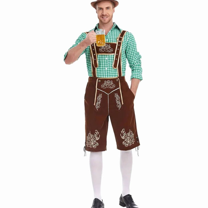 Herren Oktoberfest Trachten-Set Lederhose Kniebundhose Kariertes Langarmhemd