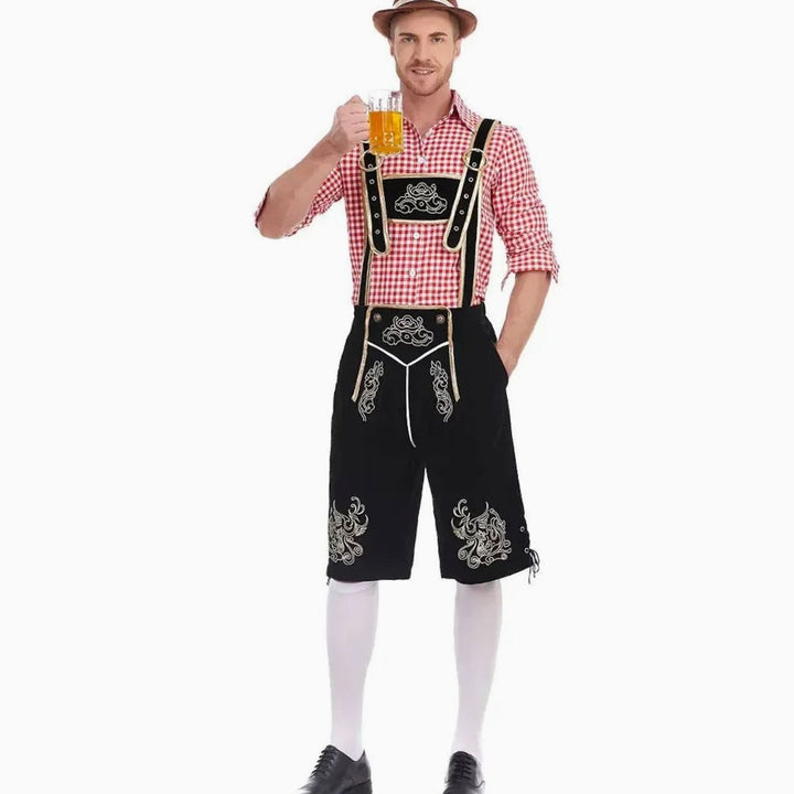 Herren Oktoberfest Trachten-Set Lederhose Kniebundhose Kariertes Langarmhemd