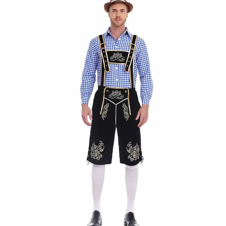 Herren Oktoberfest Trachten-Set Lederhose Kniebundhose Kariertes Langarmhemd