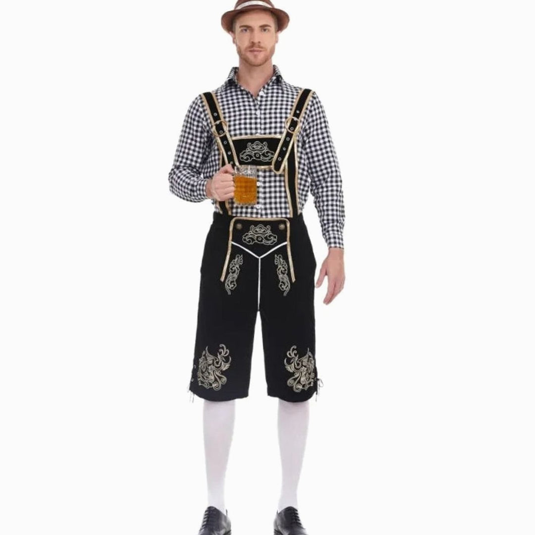 Herren Oktoberfest Trachten-Set Lederhose Kniebundhose Kariertes Langarmhemd - Schwarz Kariert (Schwarz/Weiß Hemd)
