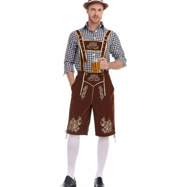 Herren Oktoberfest Trachten-Set Lederhose Kniebundhose Kariertes Langarmhemd - Braun Kariert (Schwarz/Weiß Hemd)