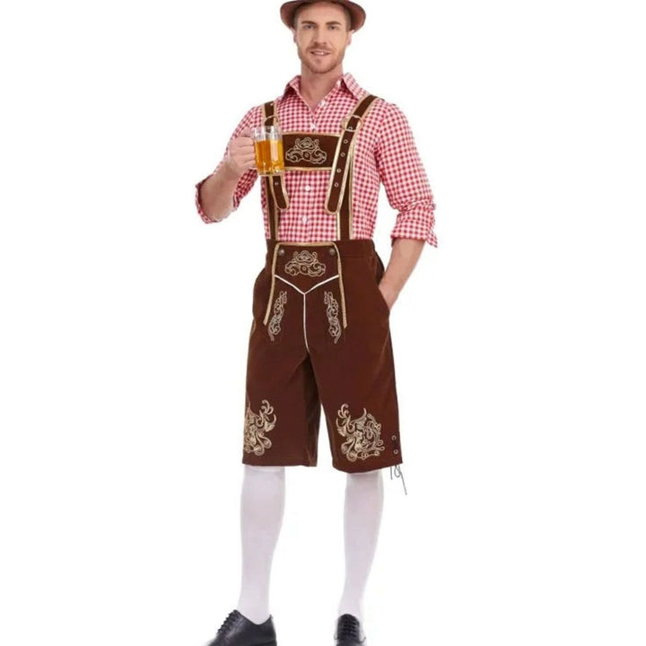 Herren Oktoberfest Trachten-Set Lederhose Kniebundhose Kariertes Langarmhemd - Braun Kariert (Rot/Weiß Hemd)
