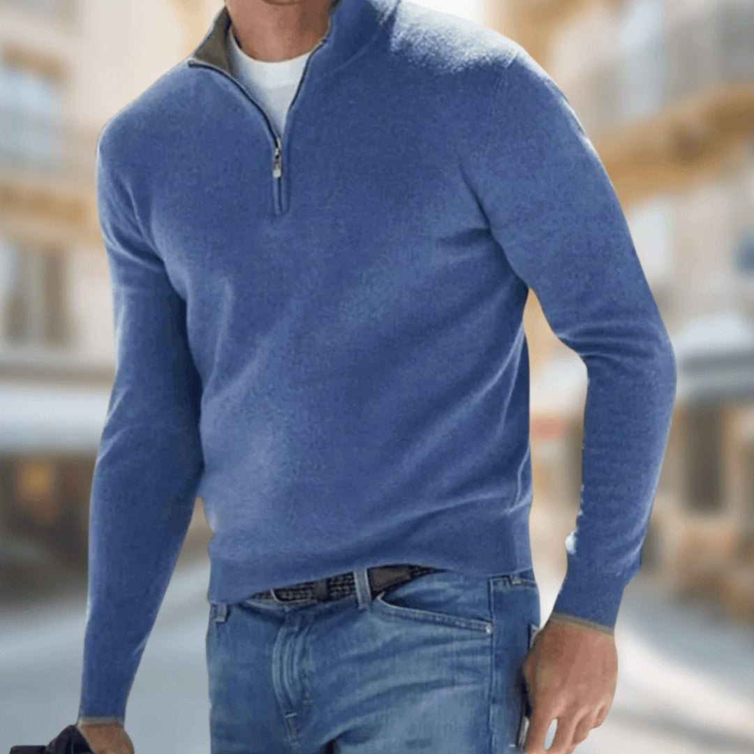 Herren Reißverschluss am Kragen Langarm Strickpullover Casual Fit - Blau