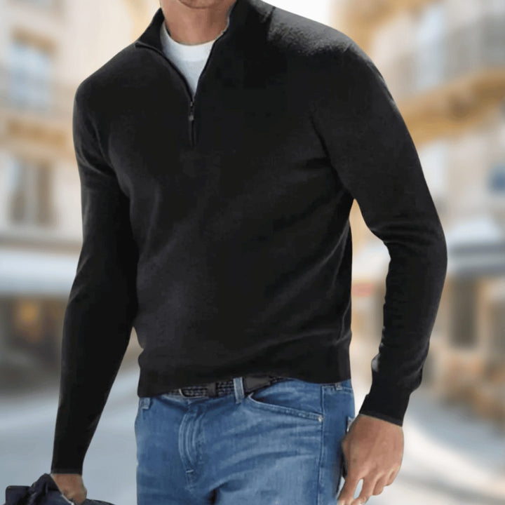 Herren Reißverschluss am Kragen Langarm Strickpullover Casual Fit - Schwarz