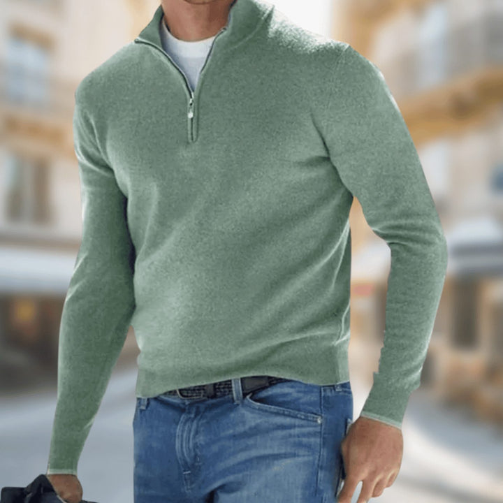 Herren Reißverschluss am Kragen Langarm Strickpullover Casual Fit - Grün