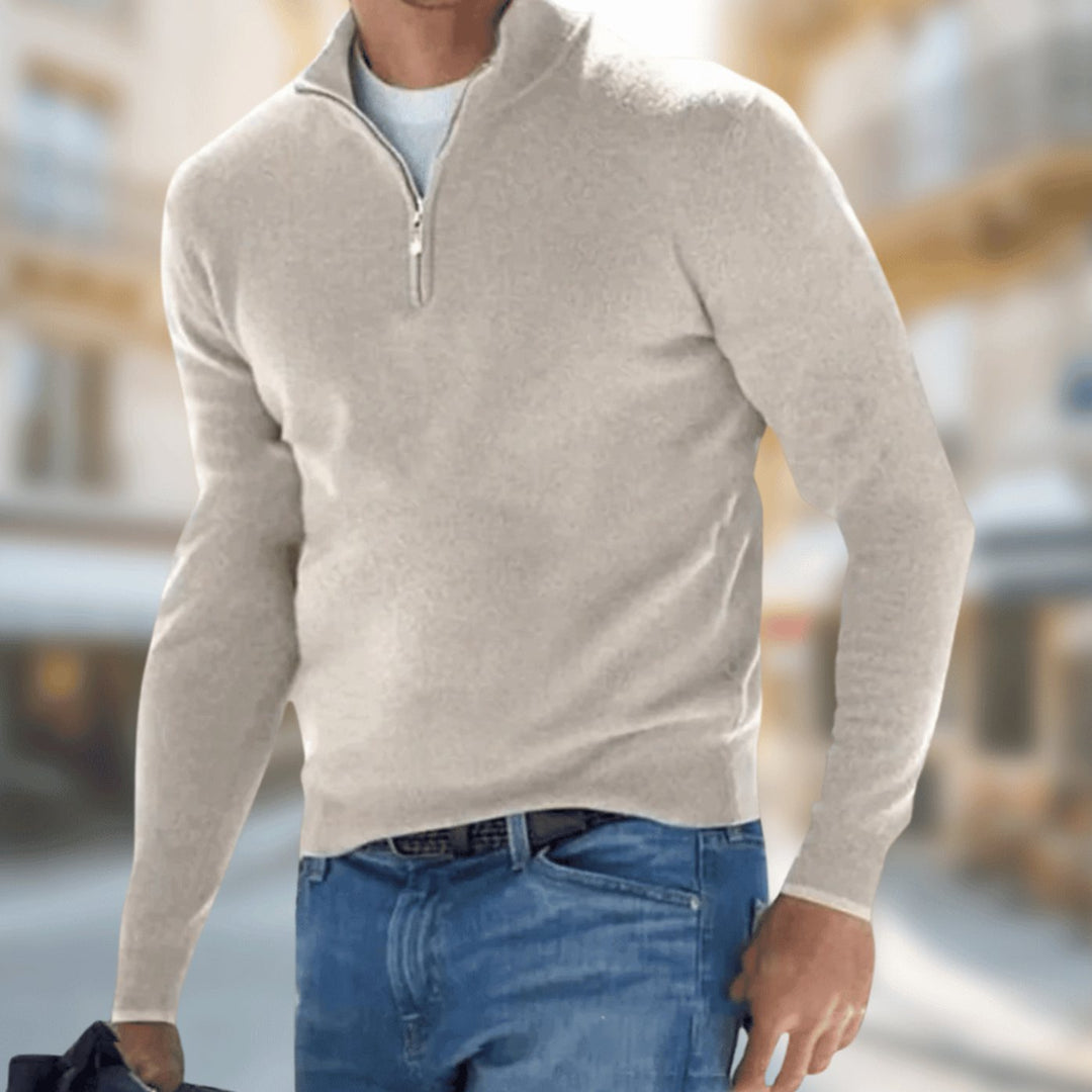Herren Reißverschluss am Kragen Langarm Strickpullover Casual Fit - Beige