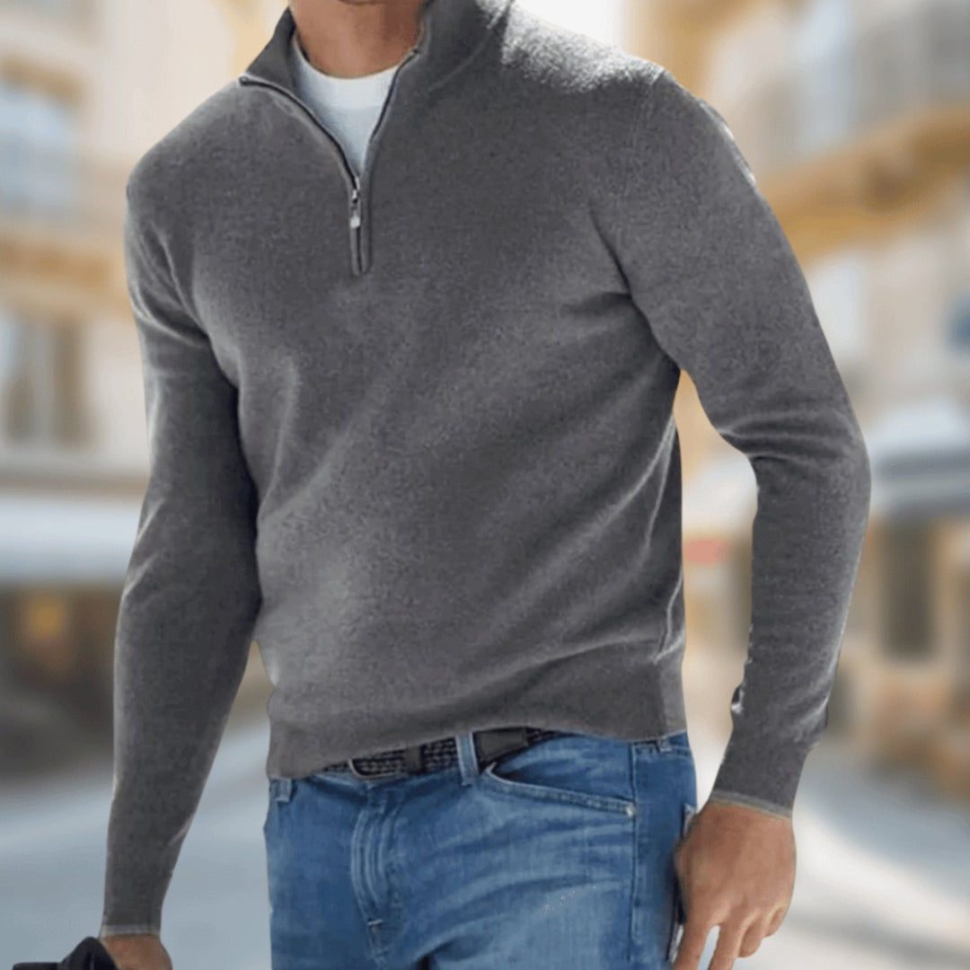 Herren Reißverschluss am Kragen Langarm Strickpullover Casual Fit - Grau