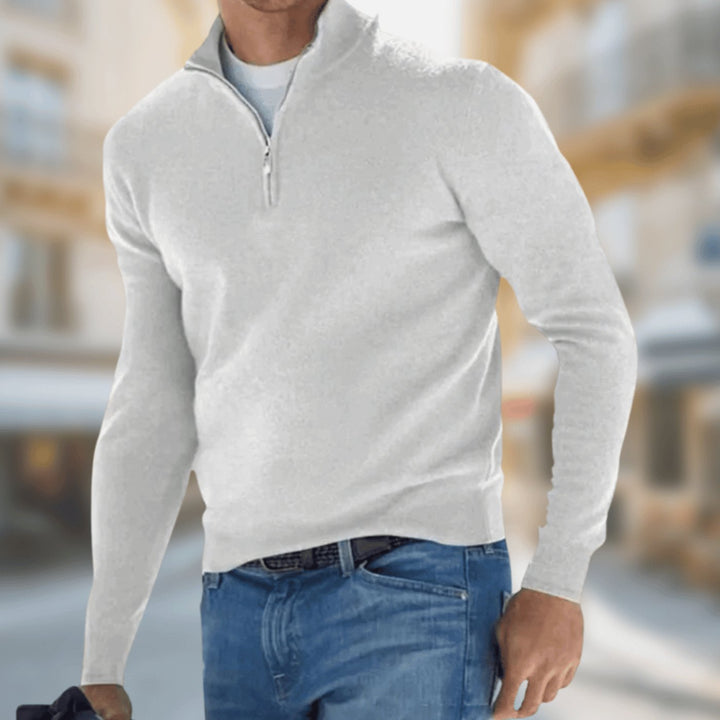 Herren Reißverschluss am Kragen Langarm Strickpullover Casual Fit - Weiß