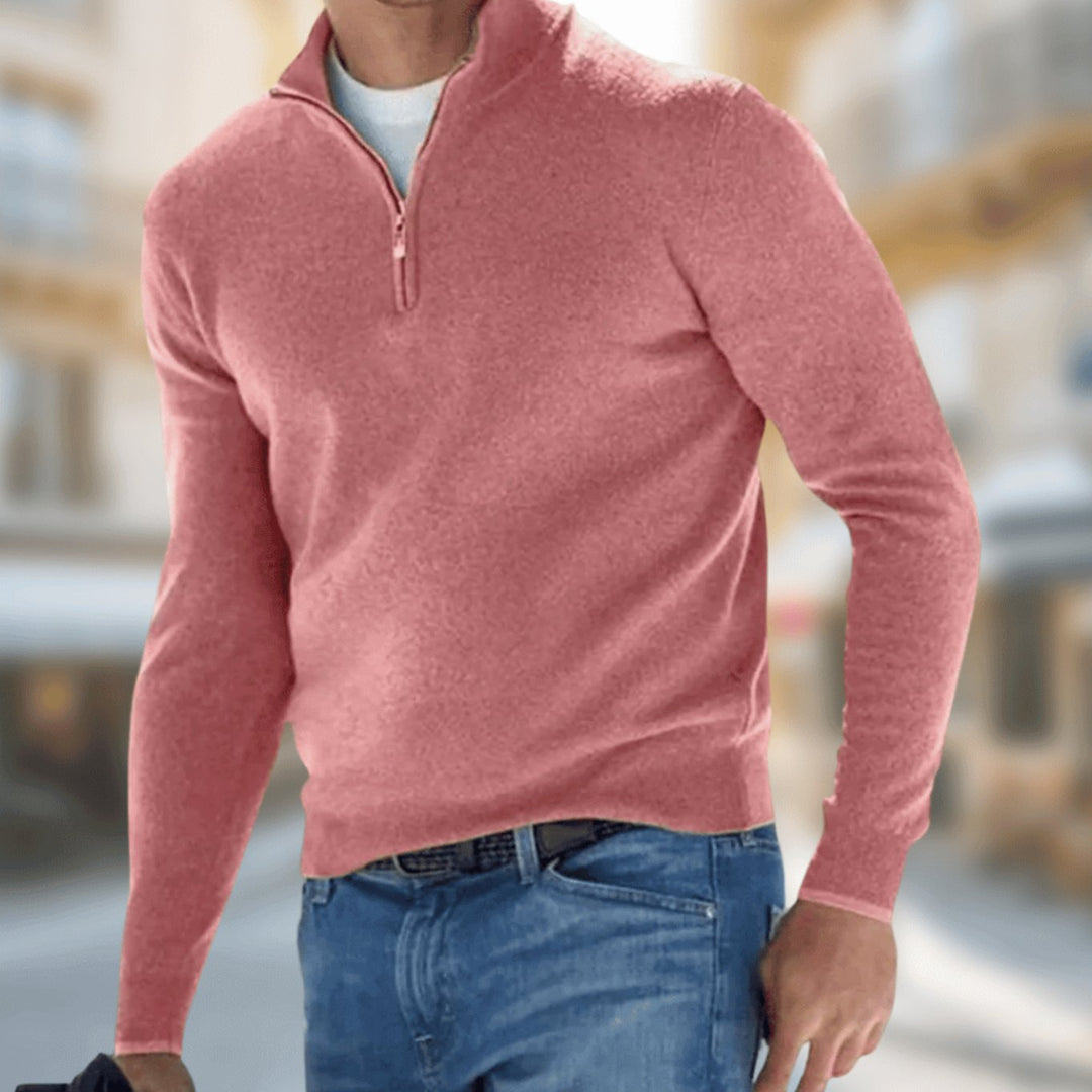 Herren Reißverschluss am Kragen Langarm Strickpullover Casual Fit - Rot