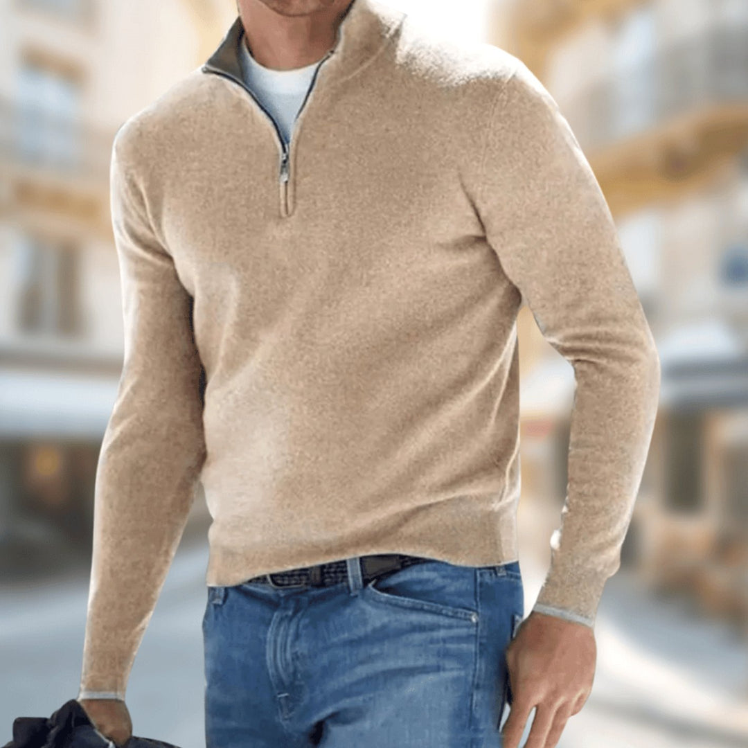 Herren Reißverschluss am Kragen Langarm Strickpullover Casual Fit - Braun