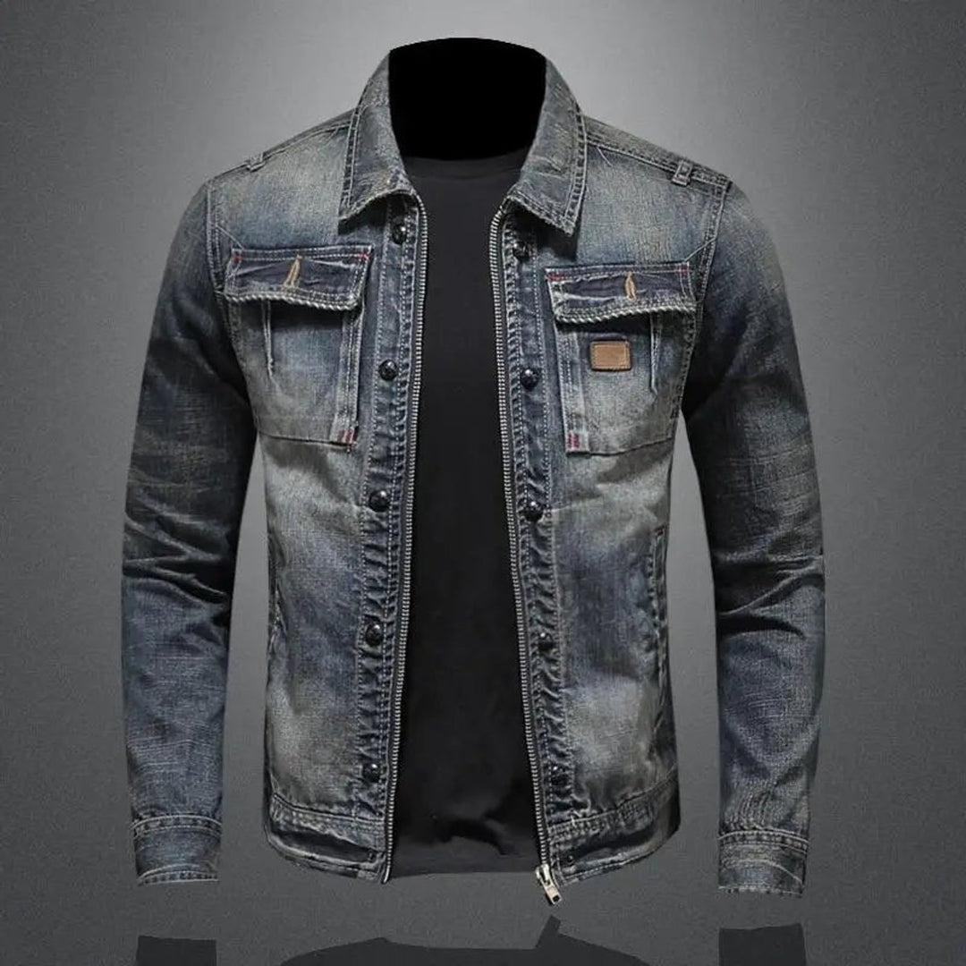 Herren Retro Vintage Denim Jacke mit Reißverschluss Used-Look