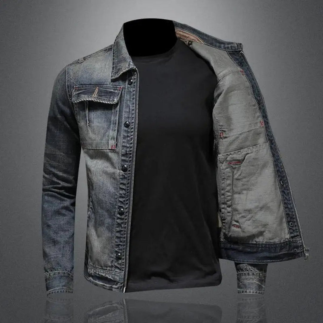 Herren Retro Vintage Denim Jacke mit Reißverschluss Used-Look