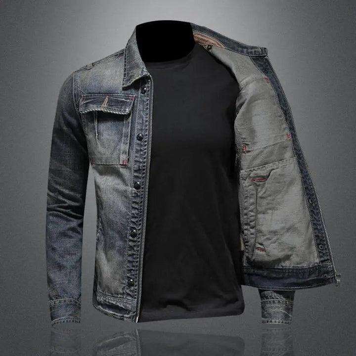 Herren Retro Vintage Denim Jacke mit Reißverschluss Used-Look