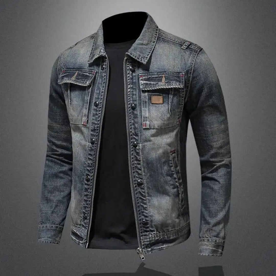 Herren Retro Vintage Denim Jacke mit Reißverschluss Used-Look