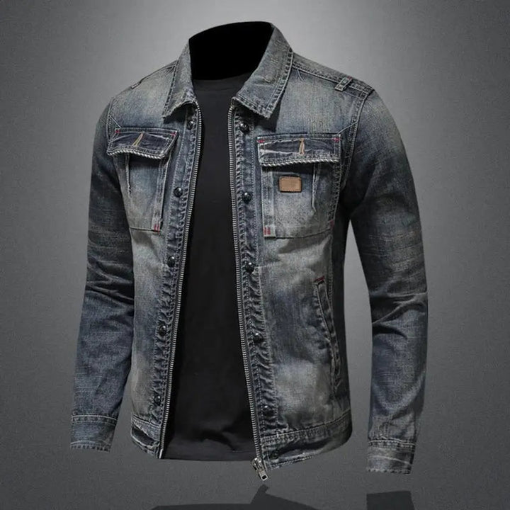 Herren Retro Vintage Denim Jacke mit Reißverschluss Used-Look