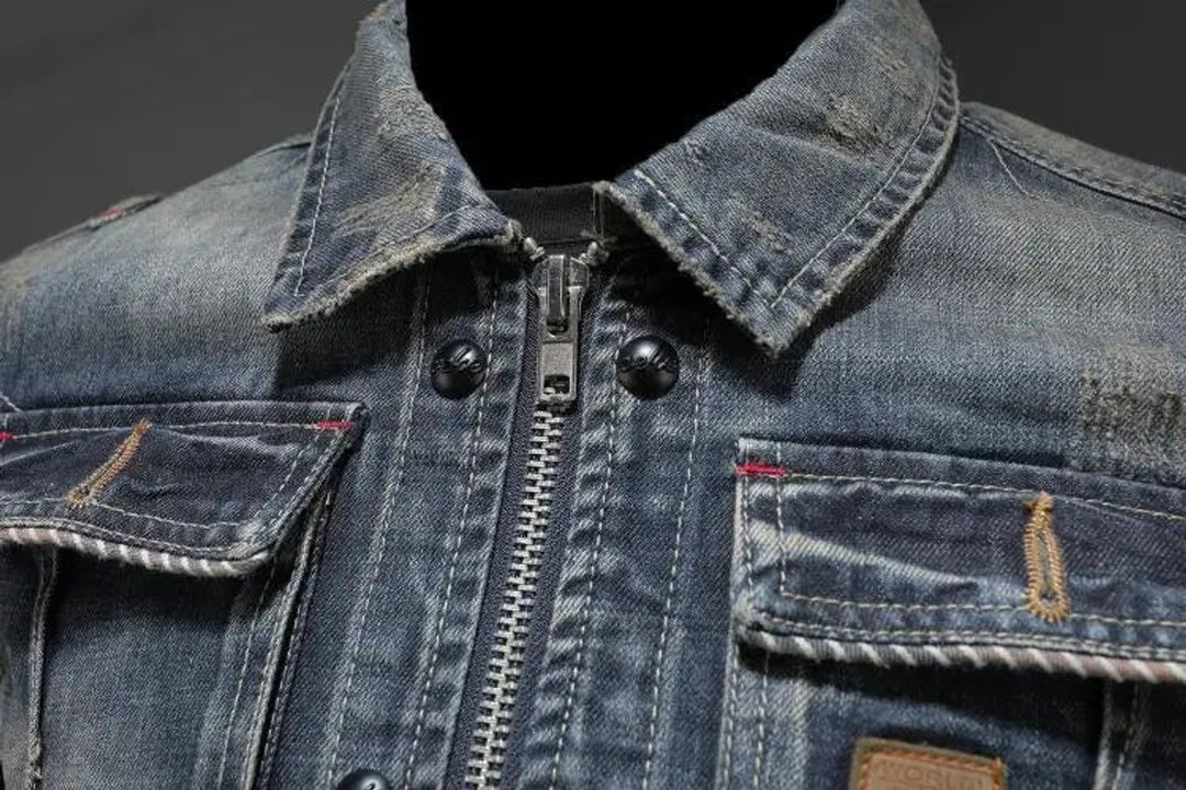 Herren Retro Vintage Denim Jacke mit Reißverschluss Used-Look