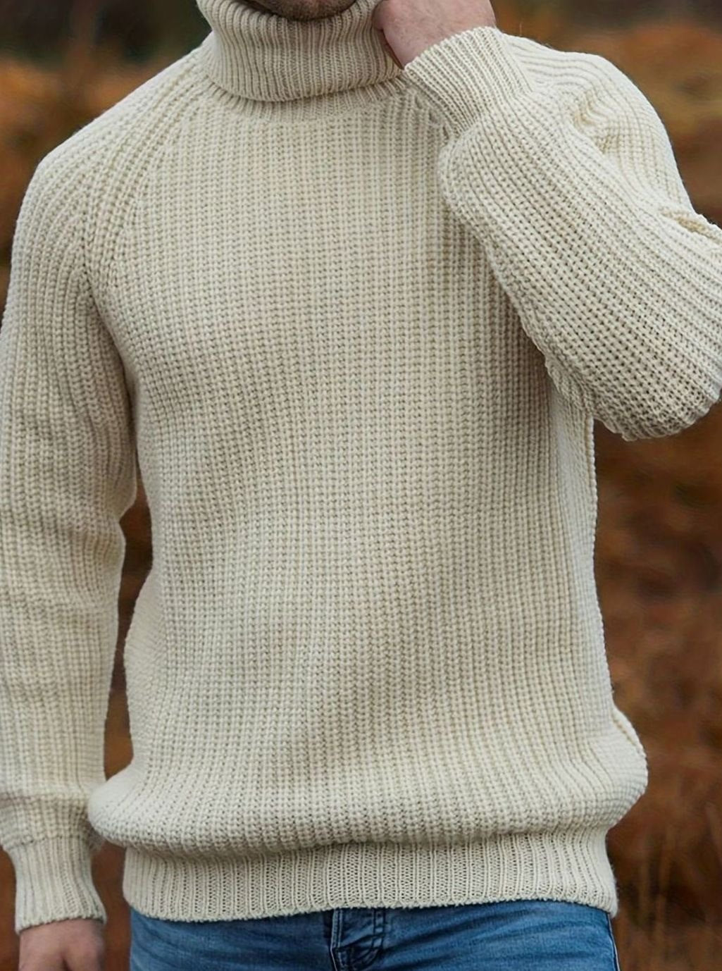 Herren Rollkragen-Strickpullover für den Winter mit klassischer Rippenstruktur - Beige