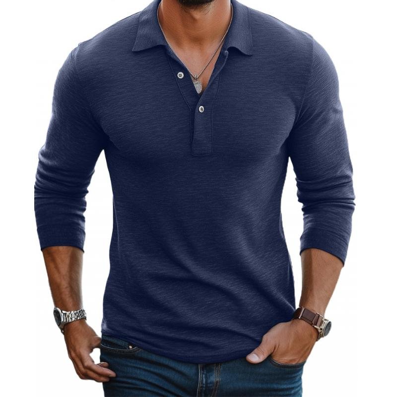 Herren Satin-finish Langarm Polo-Shirt Slim-Fit - Navy Blue