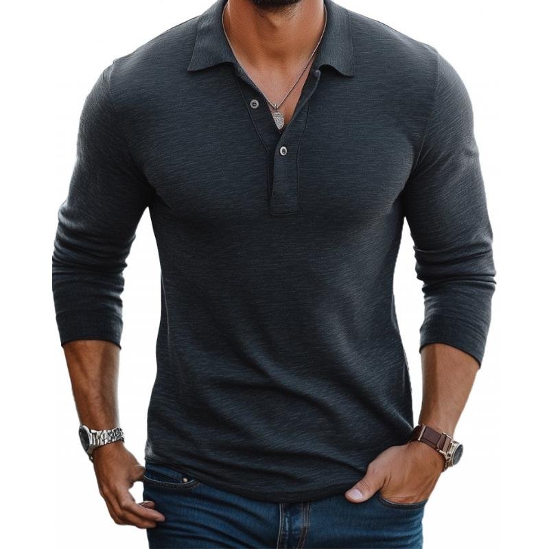 Herren Satin-finish Langarm Polo-Shirt Slim-Fit - Charcoal