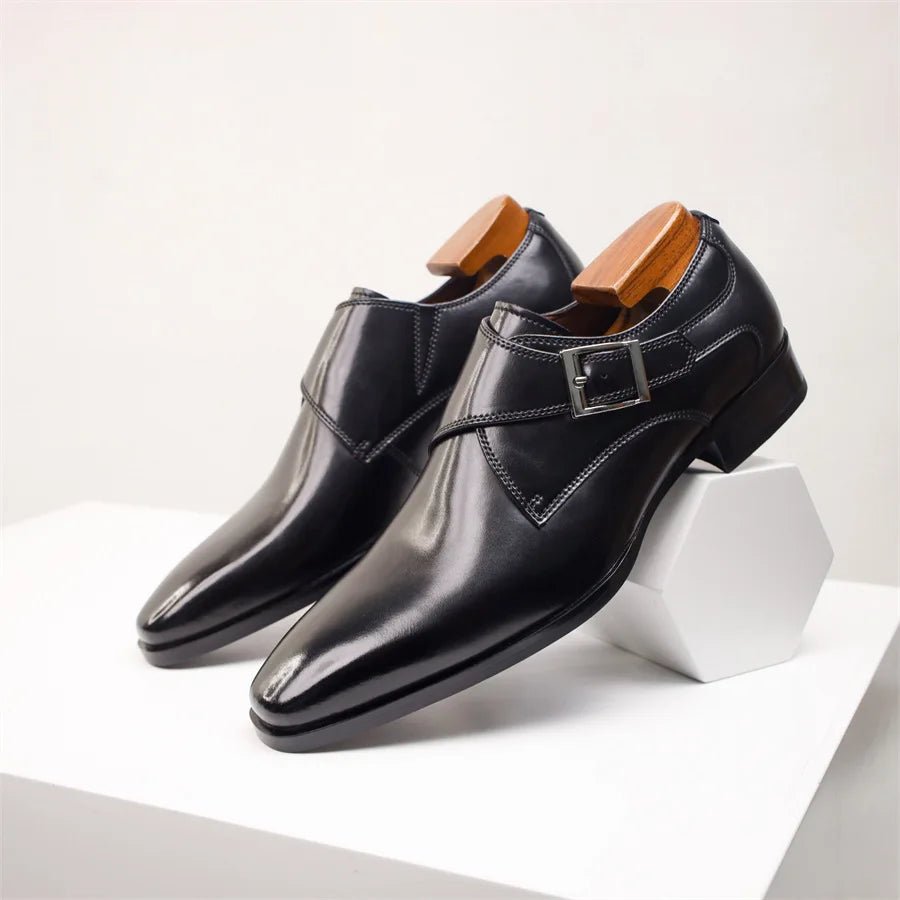 Herren Schnallen-Loafer elegante Leder-Optik Monk-Strap Schuhe - Black