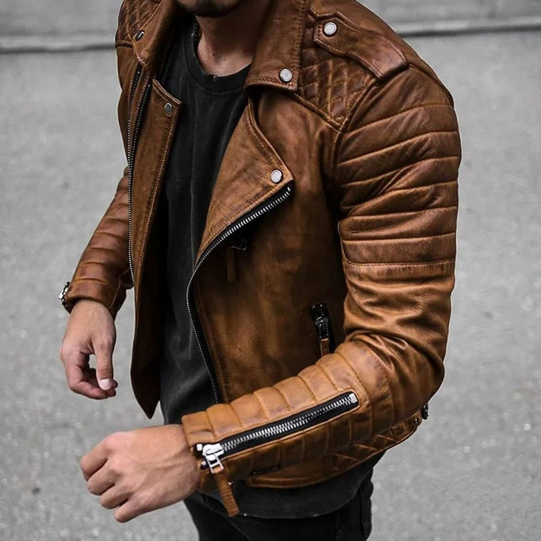 Herren Slim-Fit Bikerjacke mit Reißverschluss gesteppten Schultern - Braun