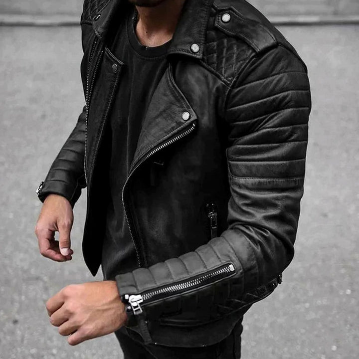 Herren Slim-Fit Bikerjacke mit Reißverschluss gesteppten Schultern - Schwarz