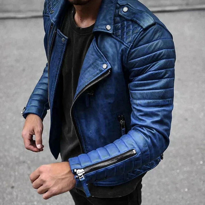 Herren Slim-Fit Bikerjacke mit Reißverschluss gesteppten Schultern - Blau