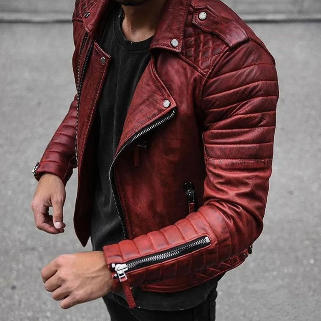 Herren Slim-Fit Bikerjacke mit Reißverschluss gesteppten Schultern - Rot