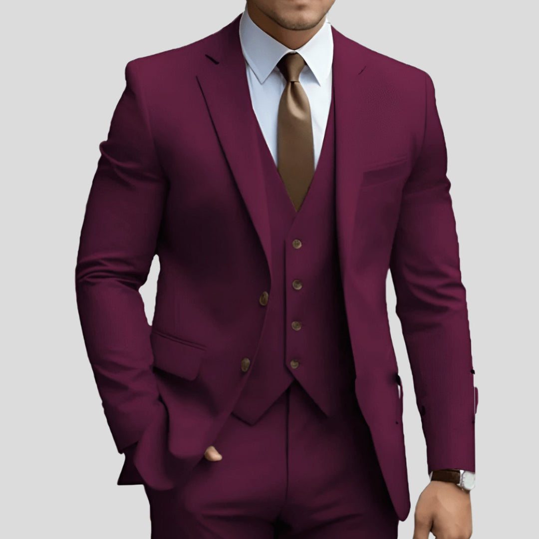 Herren Slim-Fit Dreiteiliger Formeller Büroanzug-Set - Burgund