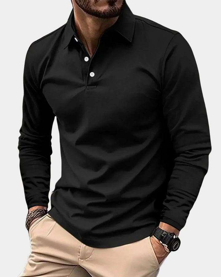 Herren Slim-Fit Langarm Poloshirt Smart-Casual Kentkragen - Schwarz