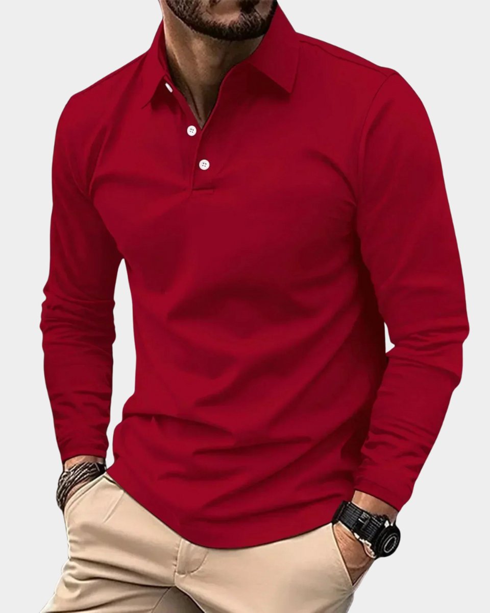 Herren Slim-Fit Langarm Poloshirt Smart-Casual Kentkragen - Rot
