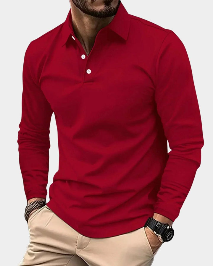 Herren Slim-Fit Langarm Poloshirt Smart-Casual Kentkragen - Rot