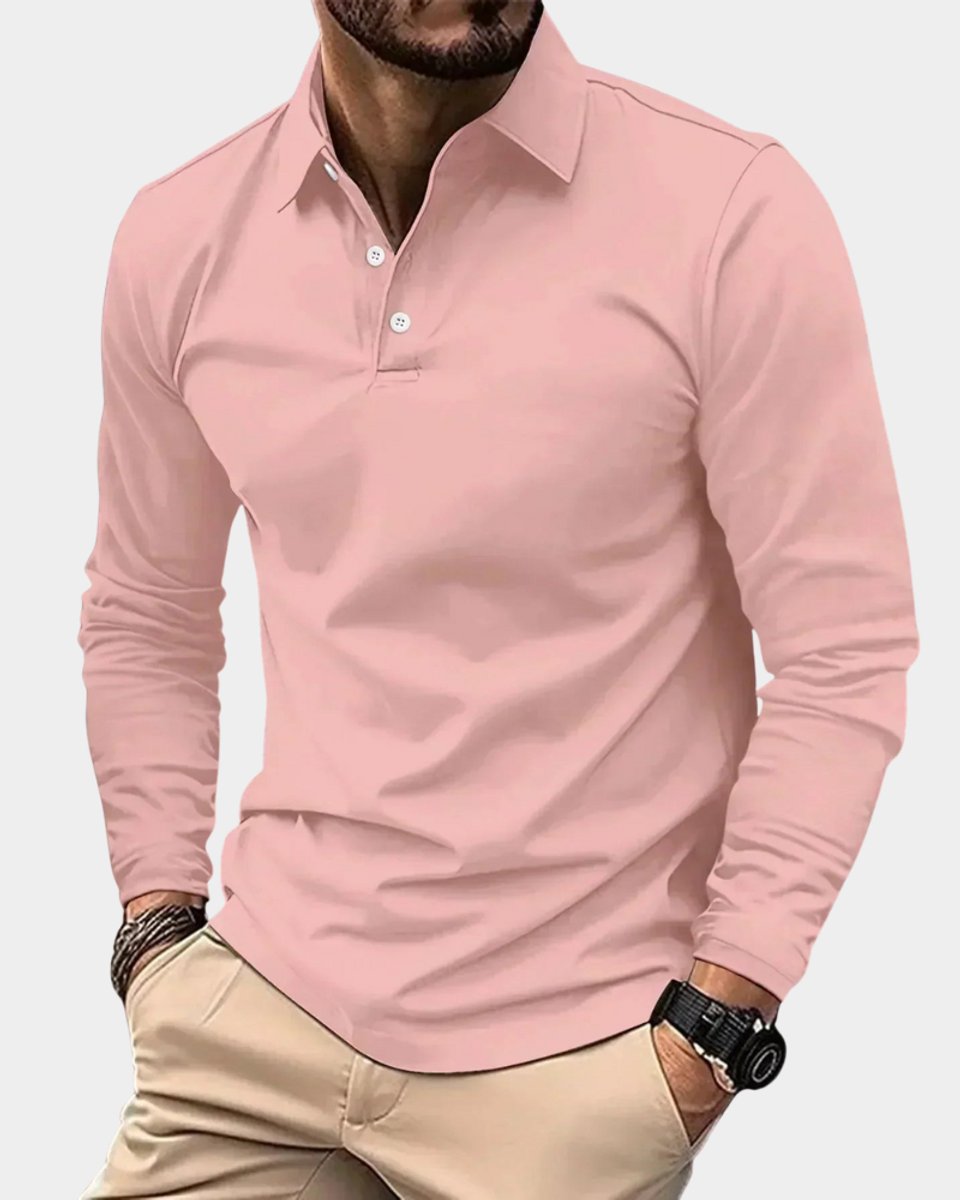 Herren Slim-Fit Langarm Poloshirt Smart-Casual Kentkragen - Rosa