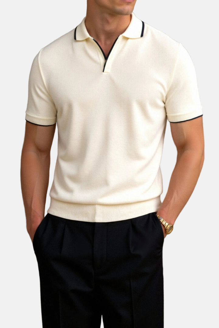 Herren Slim-Fit Strick-Poloshirt mit offenem Kragen und Kontrastdetails - Beige