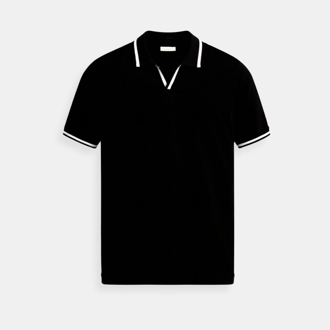 Herren Slim-Fit Strick-Poloshirt mit offenem Kragen und Kontrastdetails - Black
