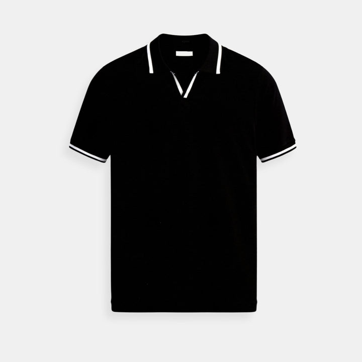 Herren Slim-Fit Strick-Poloshirt mit offenem Kragen und Kontrastdetails - Black