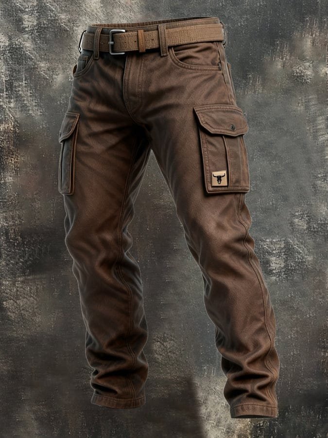 Herren Slim-Fit Tapered Cargohose Seitentaschen Bull-Patch - Braun