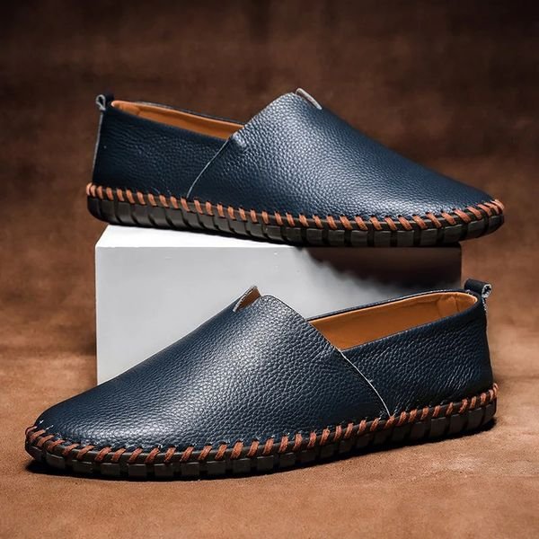 Herren Slipper Loafer aus genarbtem Leder mit Whipstitch-Naht - Navy