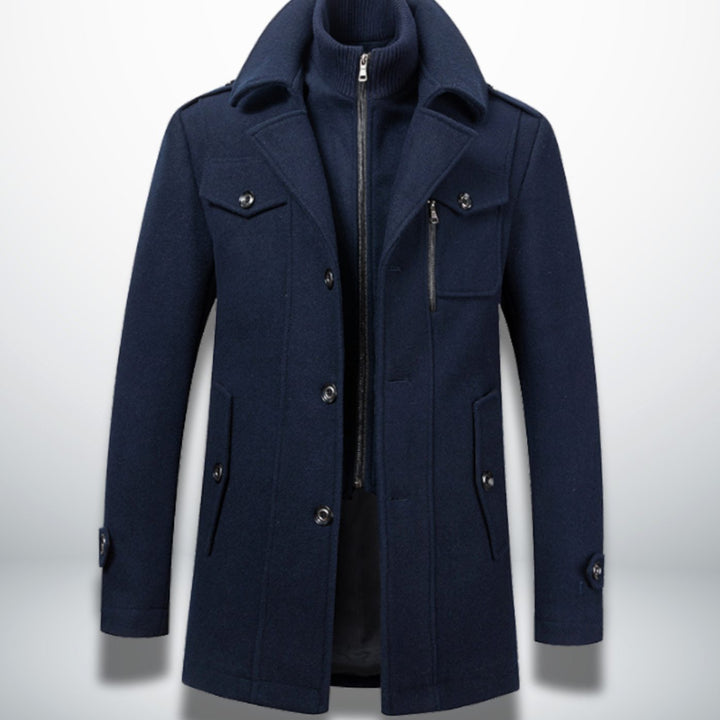 Herren Smart-Casual Wollmantel mit Knopfverschluss und Stehkragen-Innenjacke - Dunkelblau