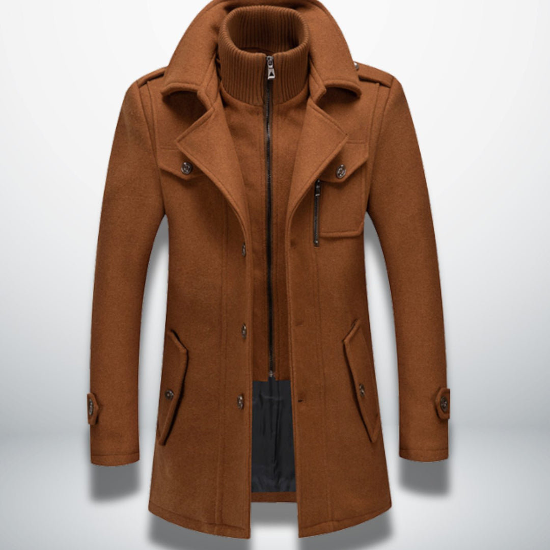 Herren Smart-Casual Wollmantel mit Knopfverschluss und Stehkragen-Innenjacke - Camel